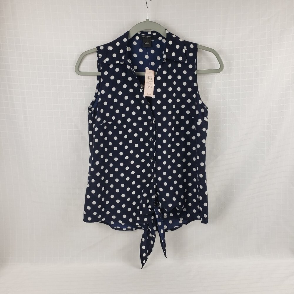Ann Taylor Petite XSP Navy Blue White Polka Dot Sleeveless Blouse Top NWT Womens